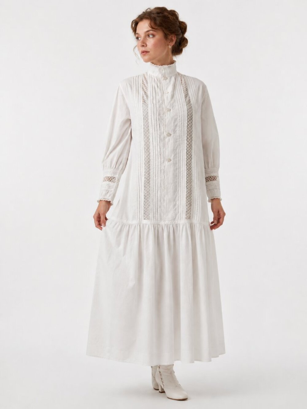 Antique Victorian 1900s Cotton Nightgown Dress Edwardian Pintuck White Lace